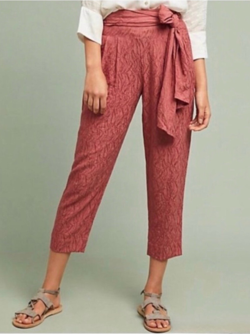 Anthropologie Ett:Twa Aubade Tie Waist Textured Cropped Straight Leg Pants 12